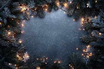 Frosted Pine & Fairy Lights: A wintry wonderland scene with a festive touch. A frame of frosty pine branches adorned with warm fairy lights creates a cozy and magical atmosphere.