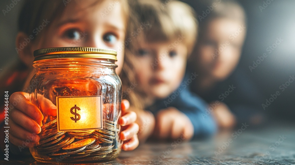 Poster parents teaching children about saving money using a jar labeled emergency fund stock photo with sid