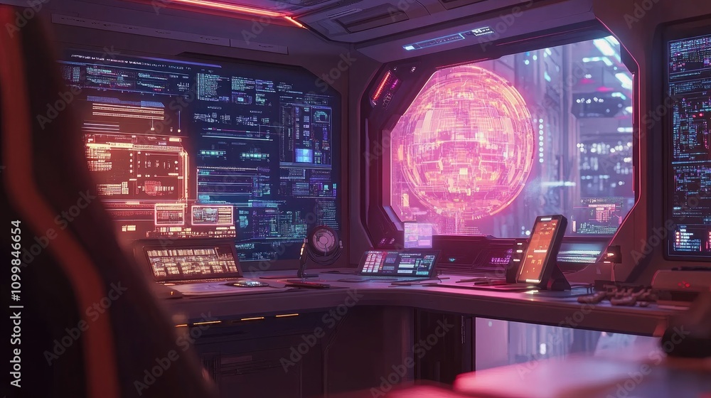Poster futuristic workspace with digital interfaces and glow