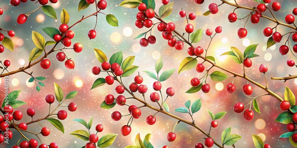 Poster pattern background featuring red berries and small branches with leaves in a beautiful bokeh effect 