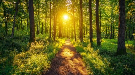Obraz premium Sunlit Path Through Lush Green Forest Trees