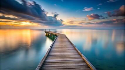 Fototapeta premium Serene Long Exposure of a Wooden Pier from Above, Capturing the Tranquility of Water and Nature in Perfect Harmony with Soft Waves and Gentle Reflections Under a Clear Sky