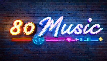 Obraz premium Running font with the text 80s Music to Neon Style on a vintage brick wall illustration art design