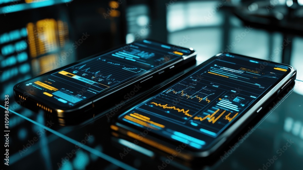 Poster close-up of smartphones displaying data graphs