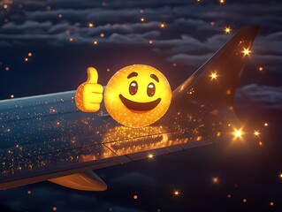 A glowing yellow emoji giving a thumbs-up on an airplane wing under sparkling stars