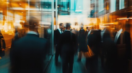 Fototapeta premium A vibrant networking event with business professionals engaging in conversation, blurred figures creating a sense of motion and activity