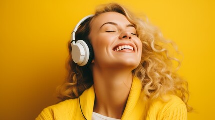 Fototapeta premium A woman with headphones enjoys music on a yellow background