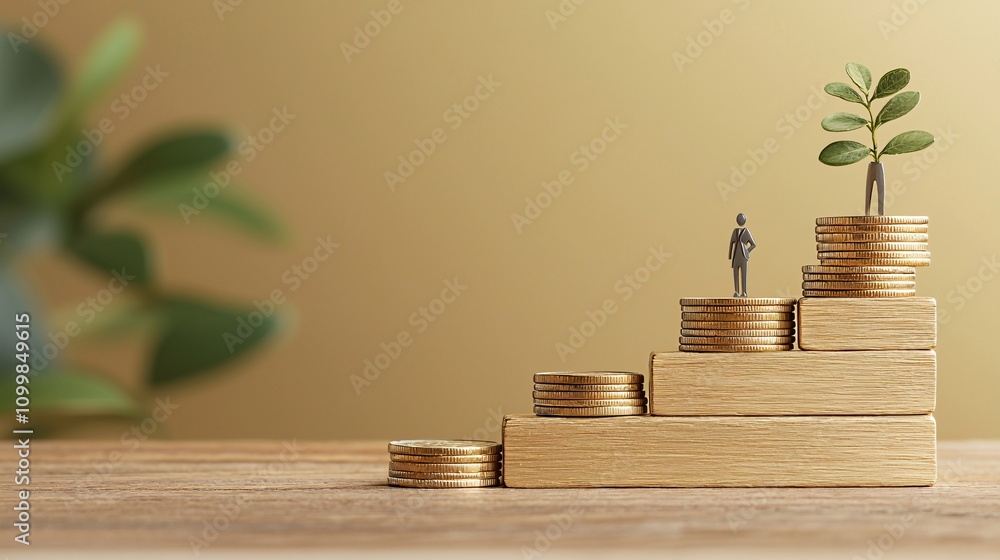 Aufkleber a symbolic image of stairs labeled small savings medium savings and emergency fund with coins placed