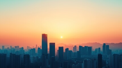Obraz premium A stunning sunset skyline with silhouettes of skyscrapers against a vibrant gradient sky, creating a serene urban atmosphere.