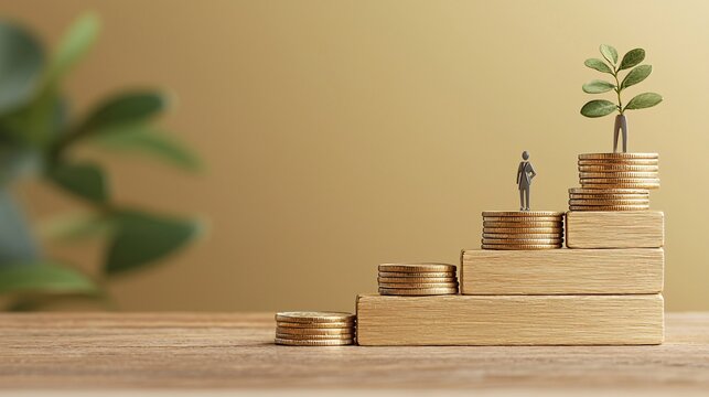 A symbolic image of stairs labeled small savings medium savings and emergency fund with coins placed on each step Stock Photo with side copy space