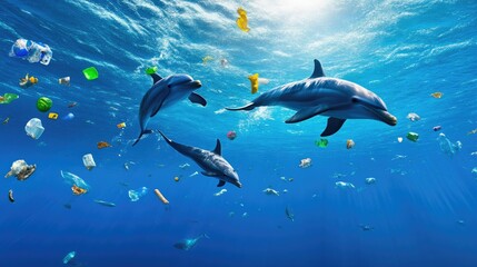 Obraz premium Dolphins Swimming Near Floating Waste in Ocean