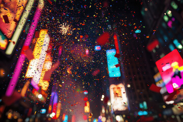 Vibrant New Year's Eve Celebration with Colorful Confetti and Festive Lights in Times Square Surrounded by Wreath and Holiday Decorations