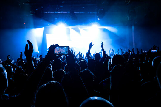 Audience enjoying music festival at night