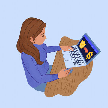 Businesswoman using laptop and analyzing financial investment risks on laptop against blue background