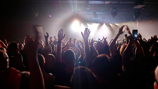 Crowd enjoying illuminated live music concert at night