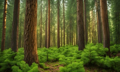 Obraz premium Healthy green trees in a forest of old spruce, fir and pine