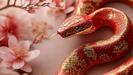 Obraz premium A red snake with golden patterns, surrounded by pink flowers and cherry blossoms. chinese new year 2025 banner background