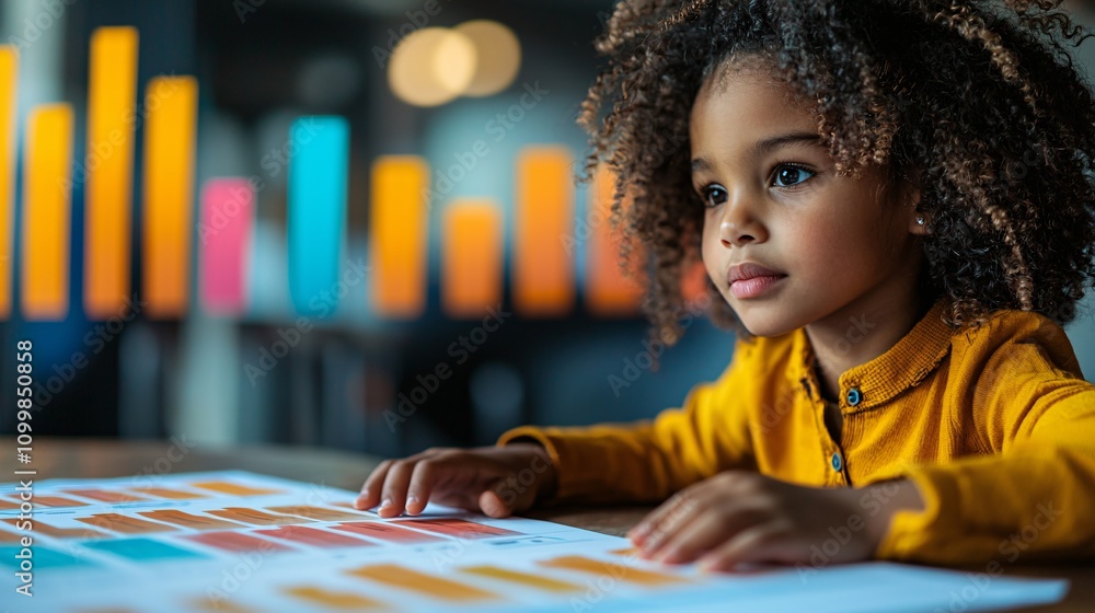 Poster A hands-on activity showing children creating a chart for their weekly savings goals Stock Photo with side copy space