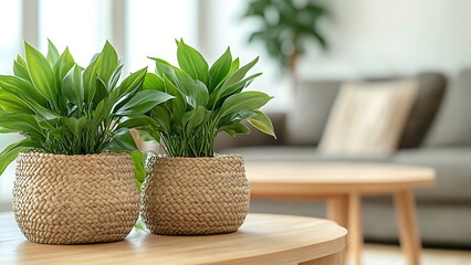 Two small plants in light brown woven pots sit on a light brown wooden coffee table in a living room.