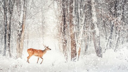 A deer cautiously stepping through deep snow in a dense winter forest