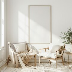 Minimalist living room interior with a white frame mockup. a chair. a potted plant. and a side table