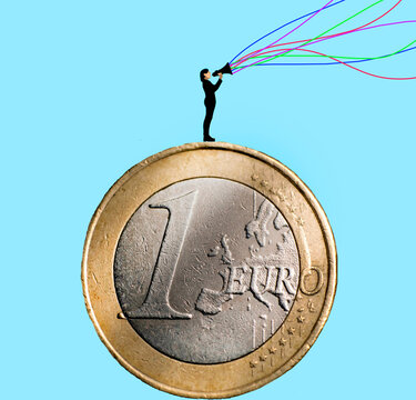 illustration of woman with megaphone standing on oversized euro coin