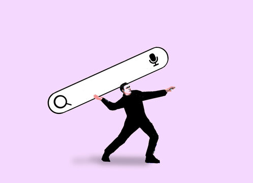 Illustration imagination of man throwing search box against pink background