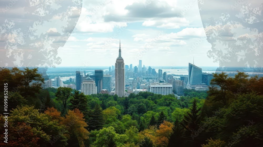 Poster abstract double exposure effect combining nature and architecture elements, cityscape, design, digit