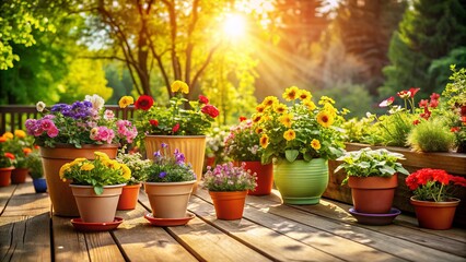 Vividly Colored Flower Pots on a Wooden Deck, Illuminated by Sunlight, Creating a Cheerful and Lively Outdoor Ambiance Perfect for Spring Decor and Gardening Enthusiasts