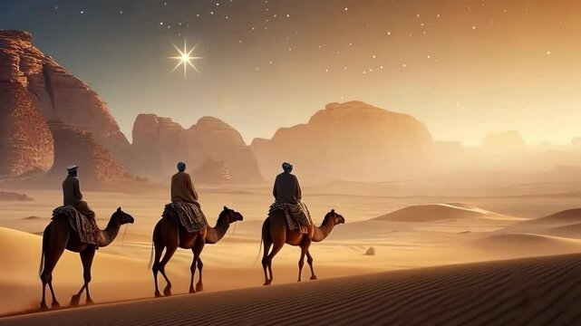 Three figures on camels traverse a desert under a starlit sky, evoking the journey of the Magi during Three Kings Day Epiphany.