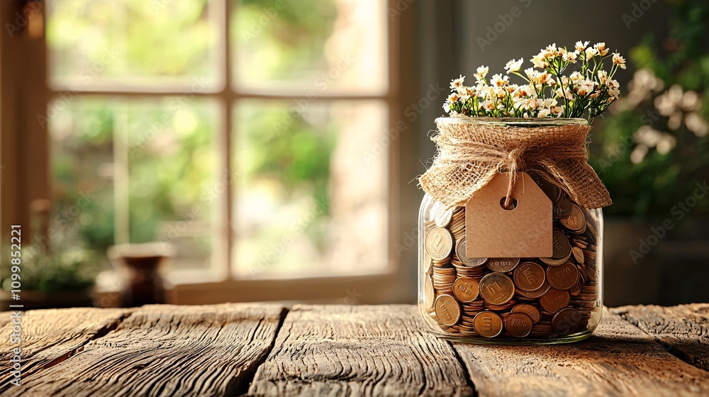 Poster a symbolic close-up of coins being dropped into a clear jar with emergency fund label stock photo wi
