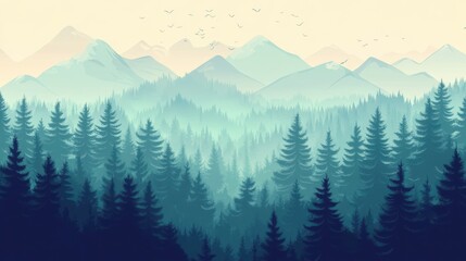 Fototapeta premium Misty mountain landscape with a vast evergreen forest.