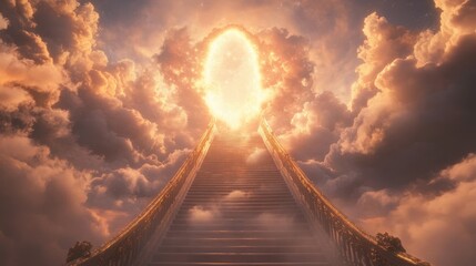 Fototapeta premium Enchanted Stairway to Glowing Portal in Ethereal Sky, Majestic Clouds, Dreamlike Atmosphere