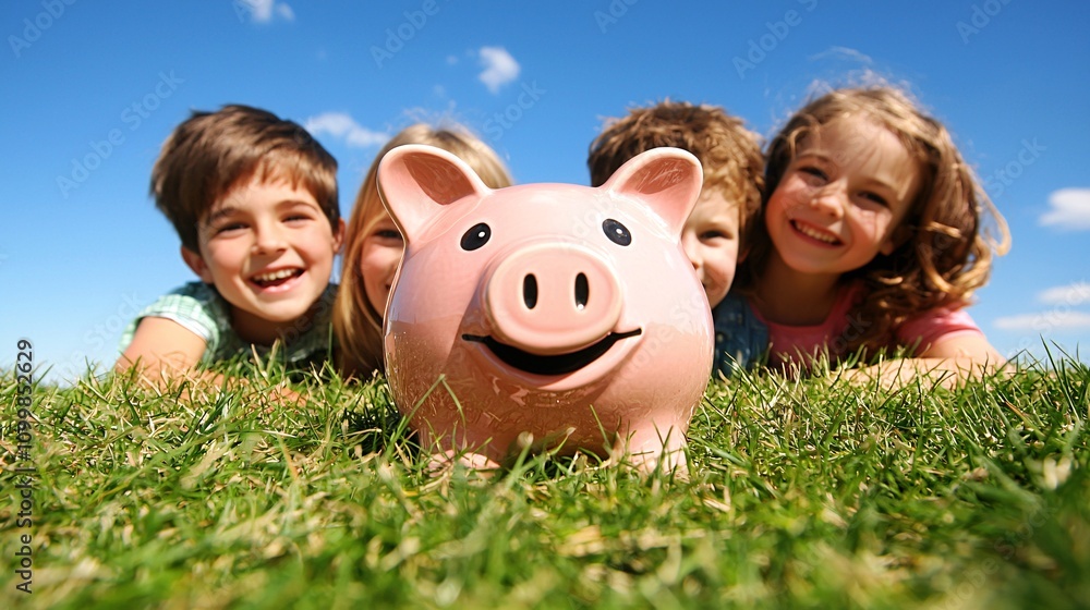 Poster parents explaining the concept of saving to their children using a family piggy bank stock photo wit