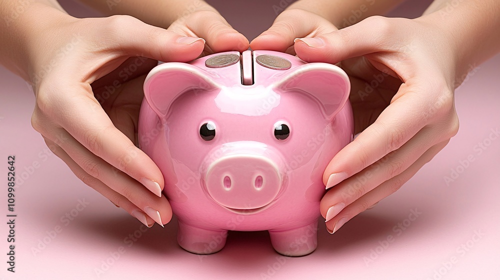Poster parents explaining the concept of saving to their children using a family piggy bank stock photo wit