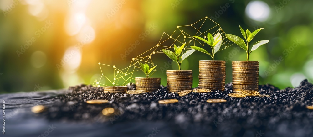 Poster A symbolic representation of growing wealth using a plant pot filled with coins and notes Stock Photo with side copy space