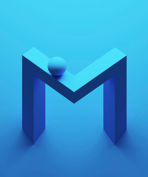 Blue colored abstract alphabet M with 3D sphere