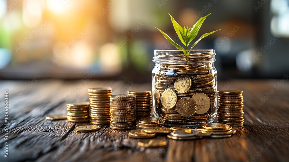 Poster A symbolic representation of growing wealth using a plant pot filled with coins and notes Stock Photo with side copy space