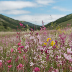 Obraz premium Blooming pink and yellow flowers in nature. Landscape photography with wild native plants and flowers in a peaceful meadow filled with vibrant spring colors.
