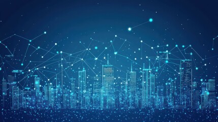 Obraz premium Digital cityscape at night, glowing with interconnected nodes.
