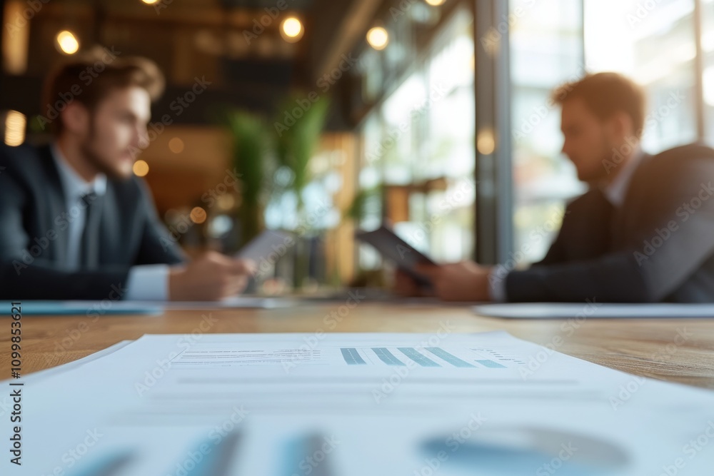 Poster a man is reading a stack of papers while sitting at a table with other people