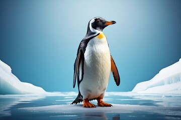 Obraz premium A penguin stands on ice, showcasing its distinctive features against a serene blue backdrop.