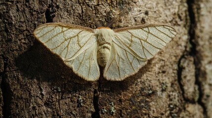 Close-up of a light-colored moth with intricate wing patterns resting on tree bark.