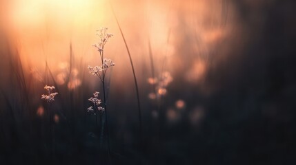 Fototapeta premium Golden hour light illuminates delicate wildflowers in a serene field.