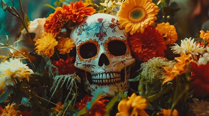 Sugar Skull Decorated with Flowers: Day of the Dead Tradition