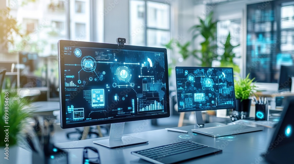 Poster modern futuristic workspace with display devices