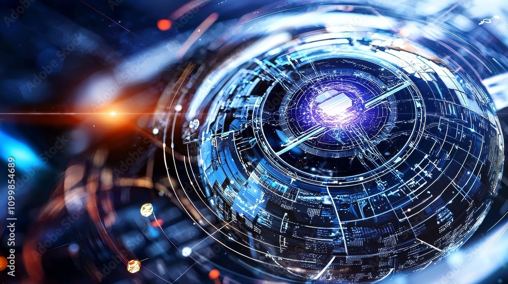 Poster exploring the future of technology a journey through a digital abstract sphere virtual environment f