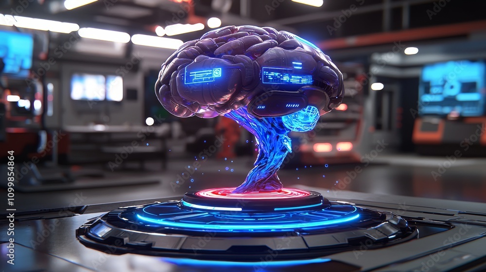 Aufkleber futuristic brain technology showcase high-tech lab digital art environment sci-fi viewpoint innovati