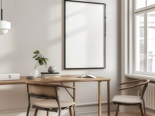 Fototapeta premium Minimalist interior design with a wooden table. chairs. and a blank frame against a white wall with natural light