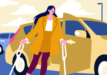 Young woman with crutches leaving car on road